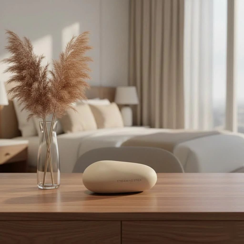 Portable streaming device plugged into a TV's HDMI port